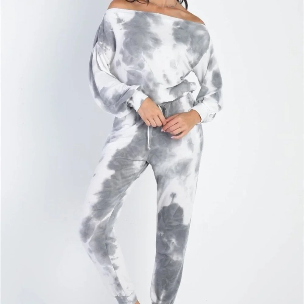 Charcoal Tie-Dye Off-The-Shoulder Top High Waist Pants Set - Picture 9 of 9